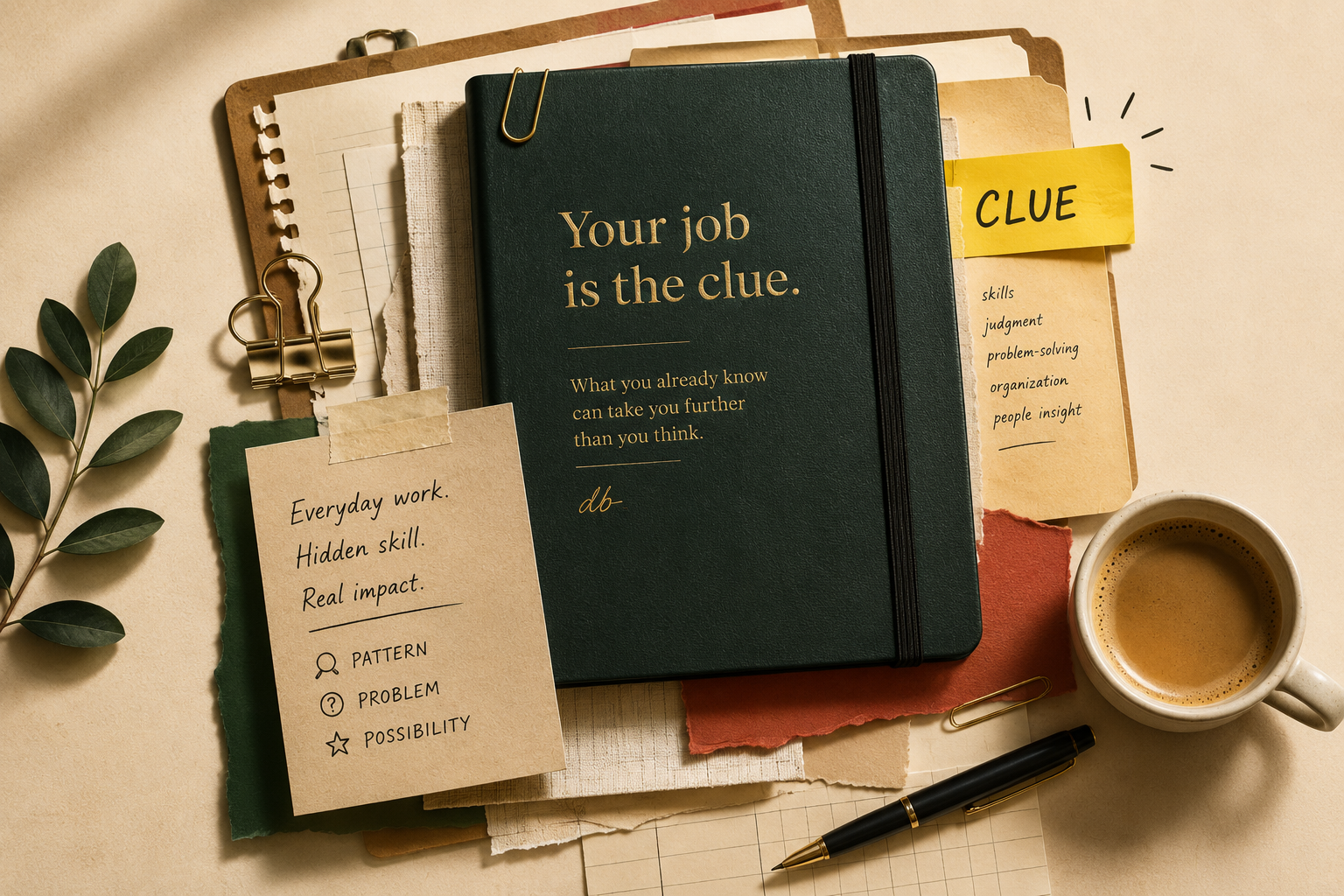 Dark green notebook with Your job is the clue in gold lettering, surrounded by handwritten notes about skills, judgment, and hidden value in everyday work.