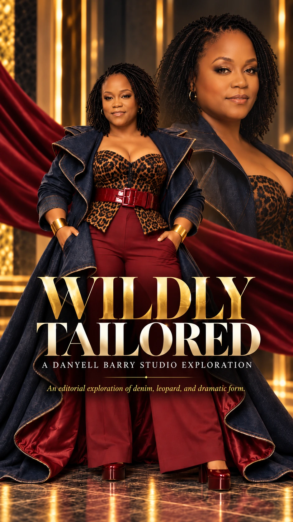 Wildly Tailored, a Danyell Barry Studio exploration: editorial poster of a woman in a ruffled denim coat, leopard corset and burgundy trousers.